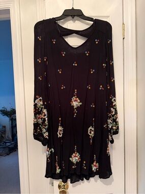 Free People Black Embroidered Long-Sleeve Swing Dress